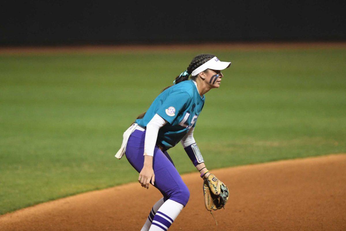 LSU softball junior infielder Taylor Pleasants (17) stands ready on Saturday, April 22, 2023, during LSU&#8217;s 10-4 win over Mississippi State at Tiger Park in Baton Rouge, La.