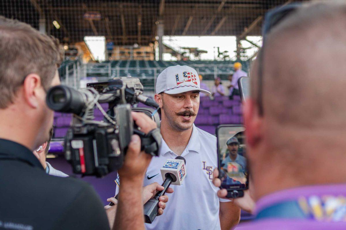 LSU baseball junior pitcher Paul Skenes answers interview questions on Wednesday, June 28, 2023, at the Champions Celebration at Alex Box Stadium in Baton Rouge, La.