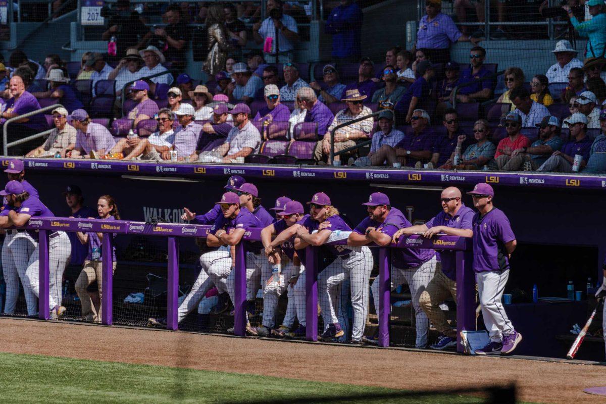 The LSU baseball team watches from the dugout Friday, June 2, 2023, during LSU&#8217;s 7-2 victory against Tulane at Alex Box Stadium in Baton Rouge, La.