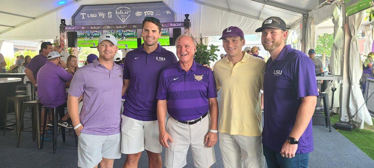 Members of the 2017 LSU baseball team at Omaha in 2023.&#160;