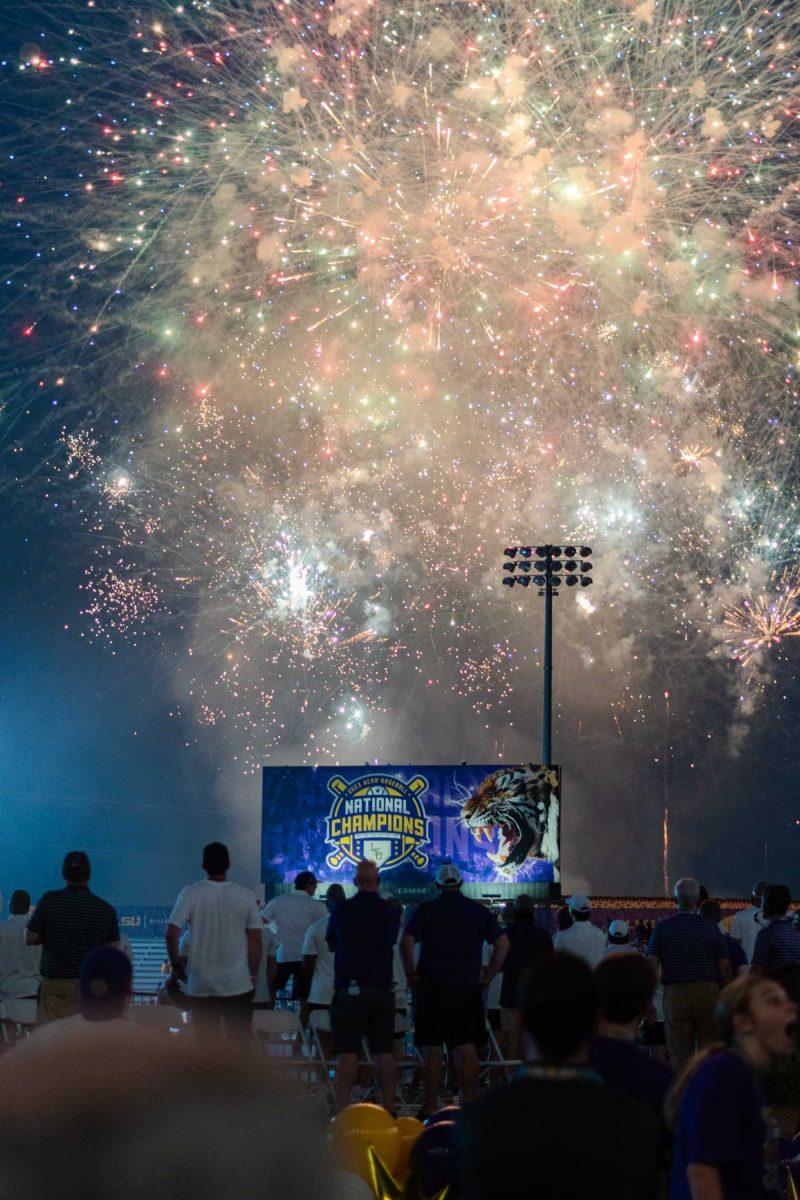 Fireworks go off on Wednesday, June 28, 2023, at the Champions Celebration at Alex Box Stadium in Baton Rouge, La.