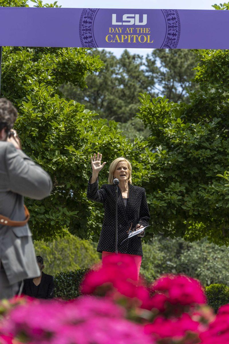 LSU basketball head coach Kim Mulkey calls for renovations to the PMAC Wednesday, April 19, 2023, at the Louisiana State Capitol in Baton Rouge, La.