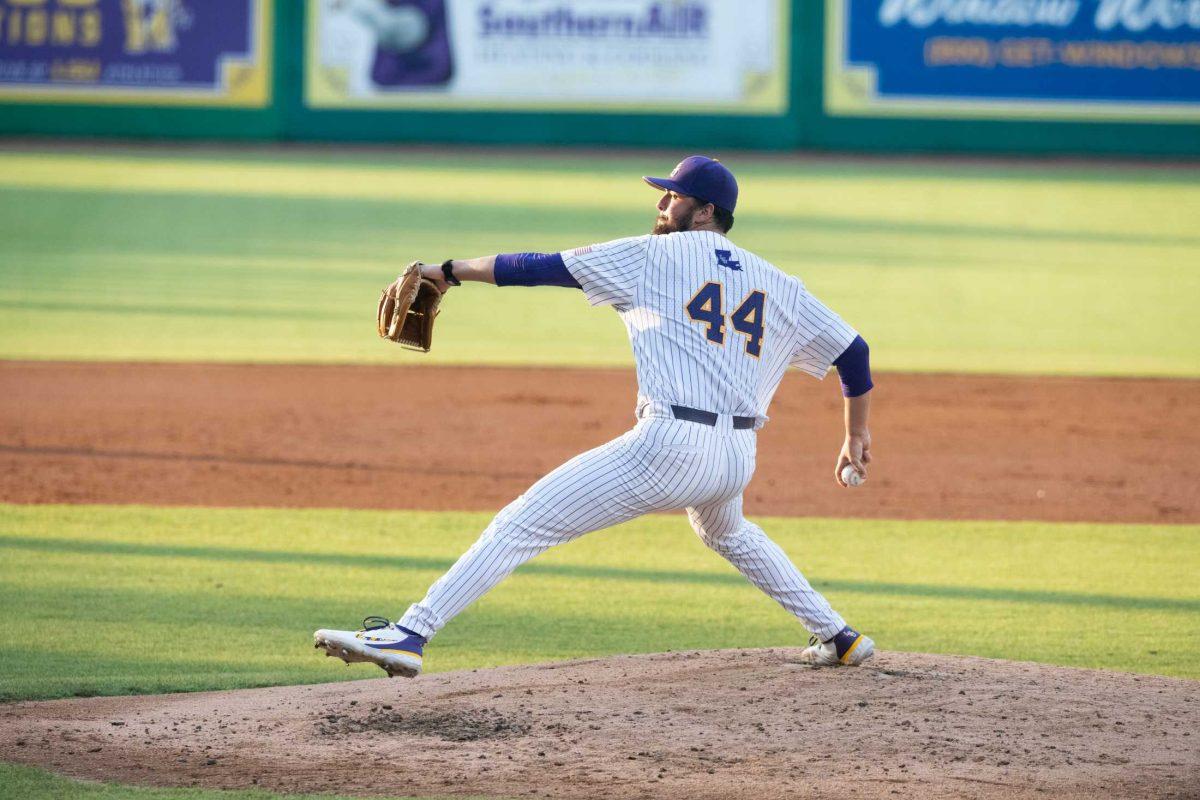 LSU baseball junior pitcher Blake Money (44) throws the ball Tuesday, May 16, 2023, during LSU&#8217;s 7-4 win against McNeese Statue University at Alex Box Stadium in Baton Rouge, La.