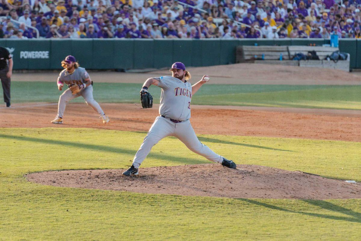 LSU baseball junior pitcher Riley Cooper (38) throws the ball Sunday, June 11, 2023, during LSU&#8217;s 8-3 win against Kentucky at Alex Box Stadium in Baton Rouge, La.