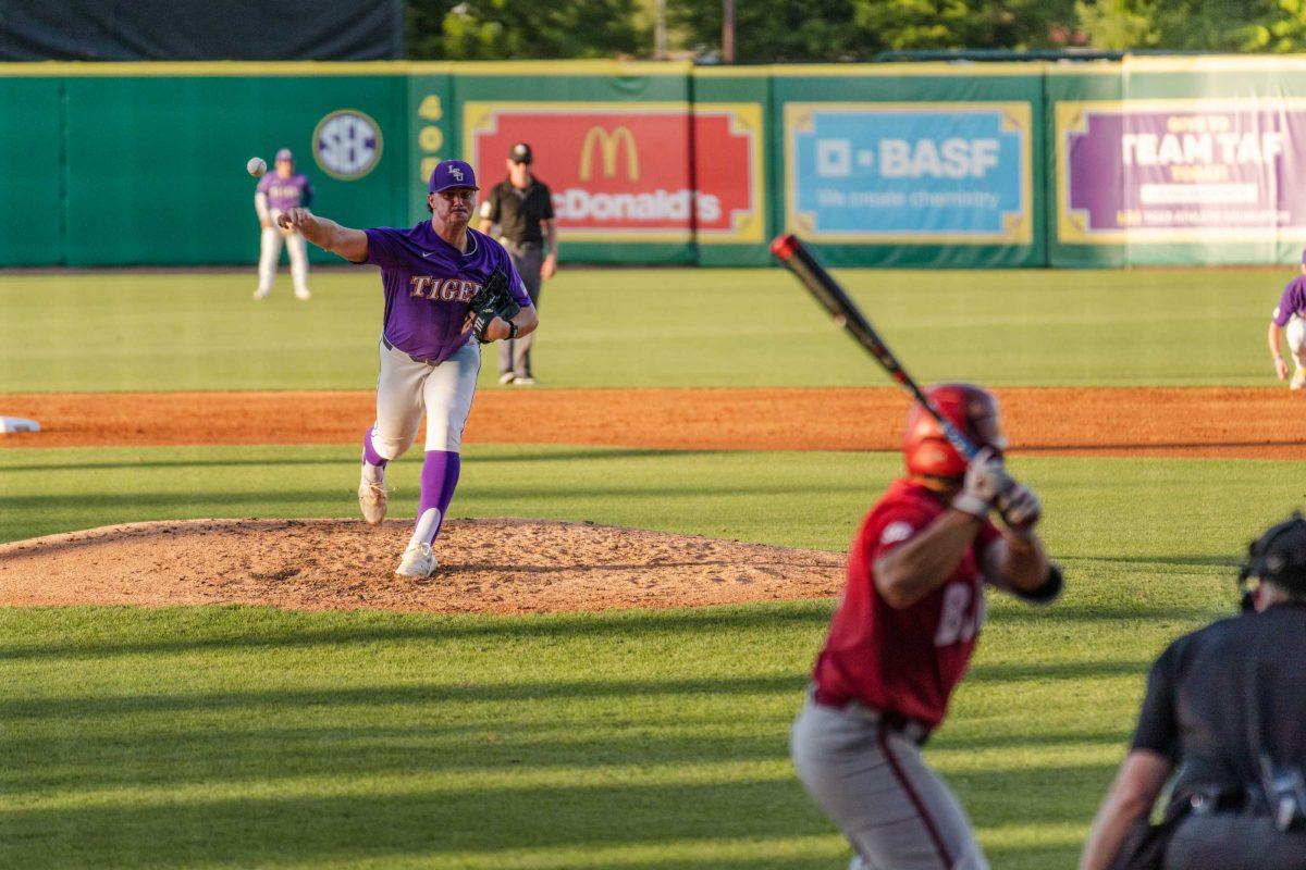 LSU baseball junior pitcher Paul Skenes (20) pitches the ball on Friday, April 28, 2023, during LSU&#8217;s 8-6 win over Alabama at Alex Box Stadium in Baton Rouge, La.