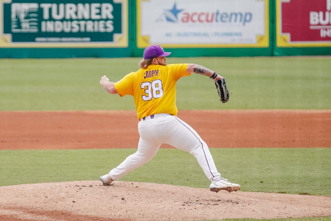 LSU baseball junior pitcher Riley Cooper (38) throws the ball Monday, June 5, 2023, during LSU&#8217;s 13-7 win against Oregon state in Alex Box Stadium in Baton Rouge, La.