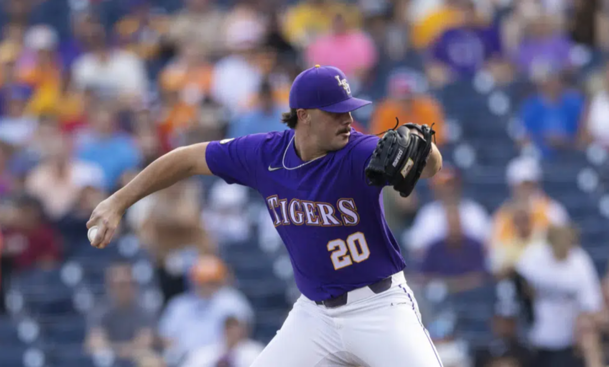 LSU starting pitcher Paul Skenes throws against Tennessee in the first inning of a baseball game at the NCAA College World Series in Omaha, Neb., on Saturday, June 17, 2023. (AP Photo/Rebecca S. Gratz)