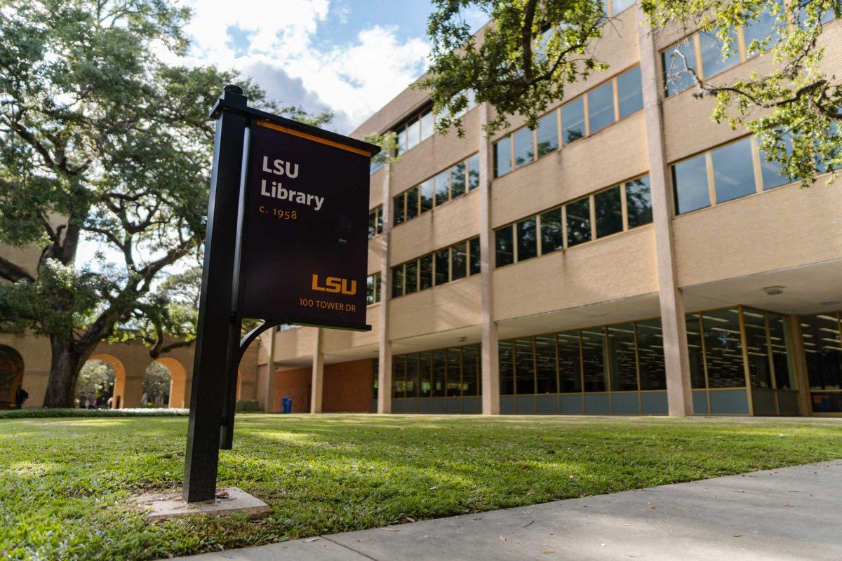 The LSU Library sits under a partially cloudy sky on Thursday, April 13, 2023, on LSU&#8217;s campus in Baton Rouge, La.