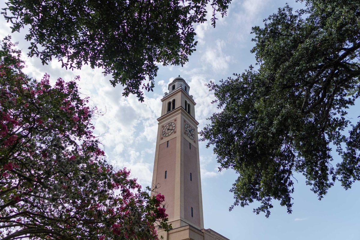 Trees frame Memorial Tower on Thursday, June 22, 2023, near Tower Drive in Baton Rouge, La.