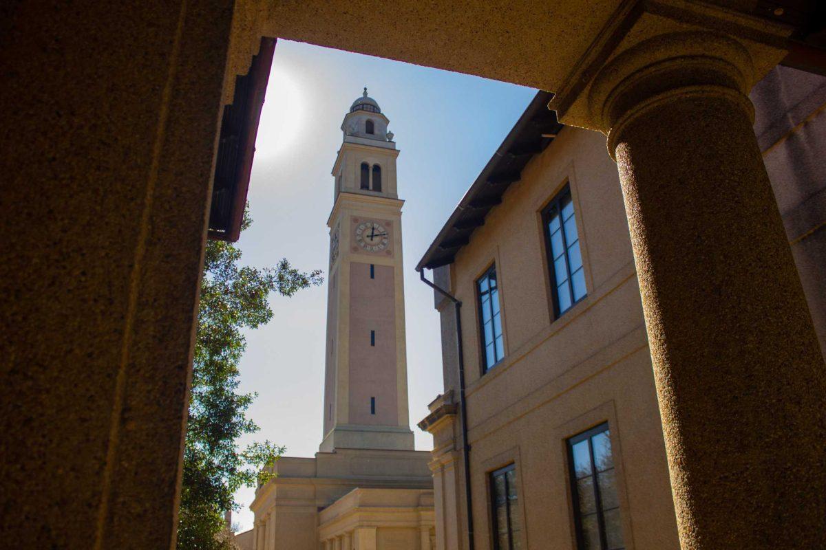 The sun shines on Saturday, Jan. 14, 2023, on Memorial Tower in Baton Rouge, La.