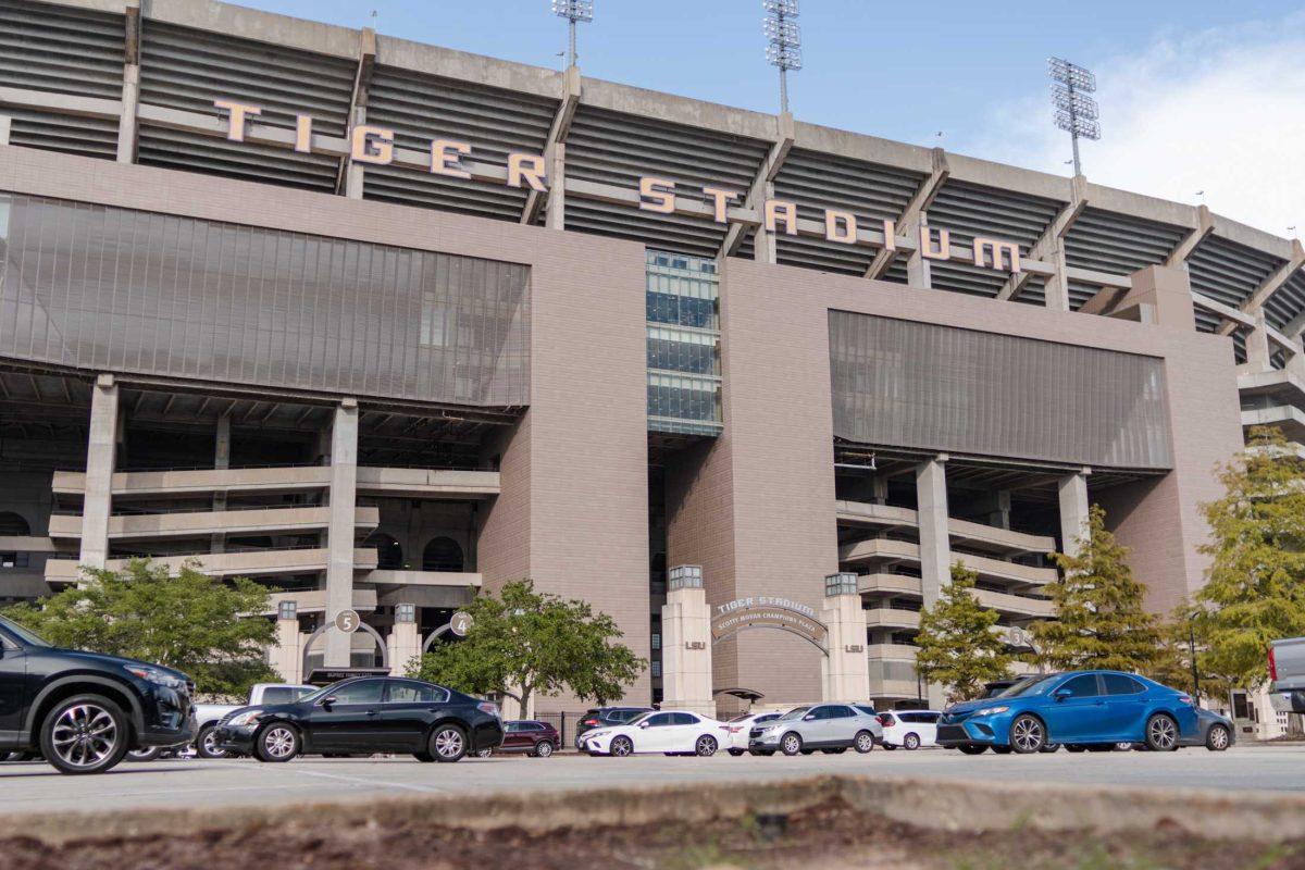 Cars sit parked near Tiger Stadium on Monday, July 17, 2023, near Nicholson Drive in Baton Rouge, La.