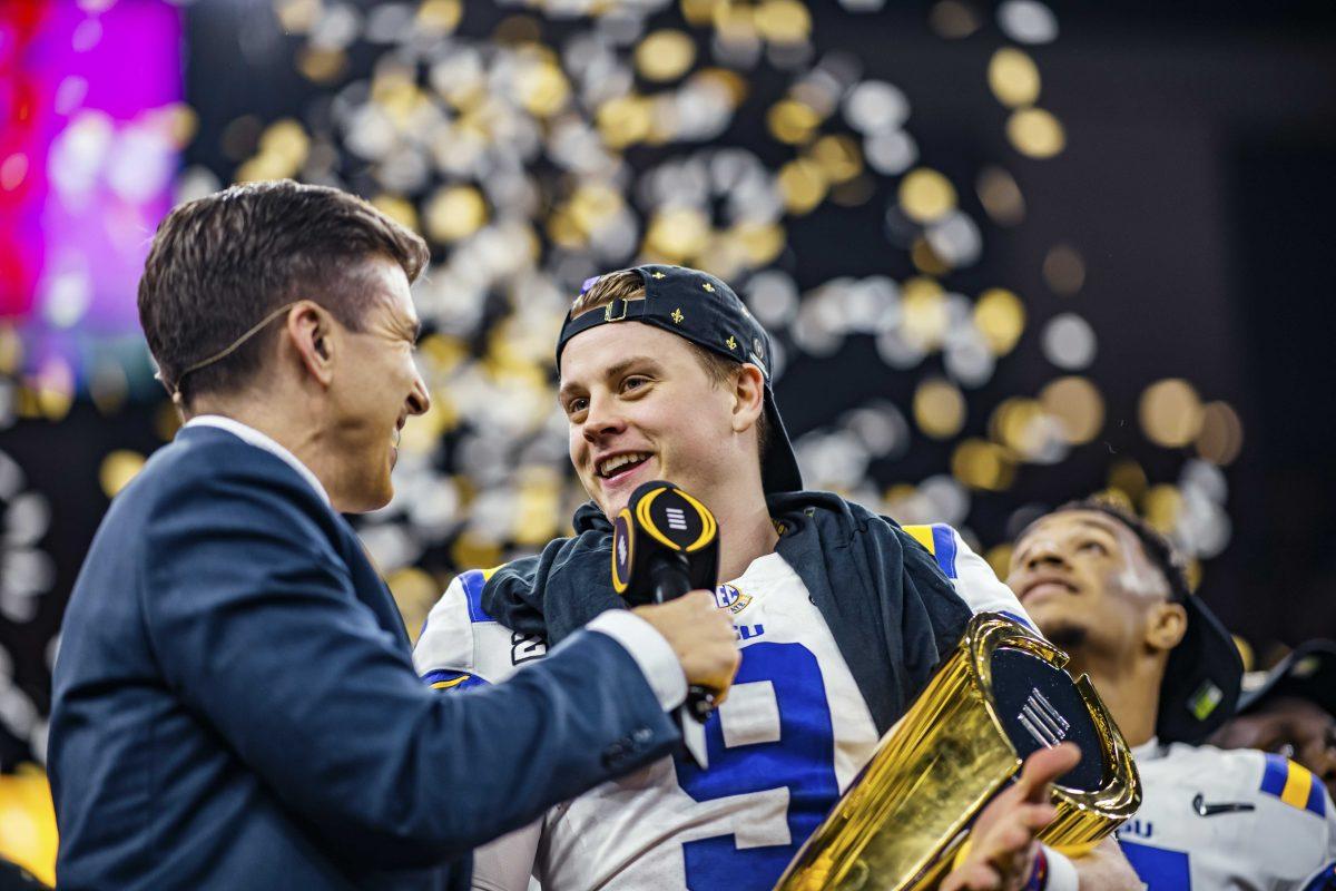 LSU football quarterback senior Joe Burrow (9) smiles on Monday, Jan. 13, 2020 after winning the National Championship against Clemson at the Mercedes-Benz Superdome.