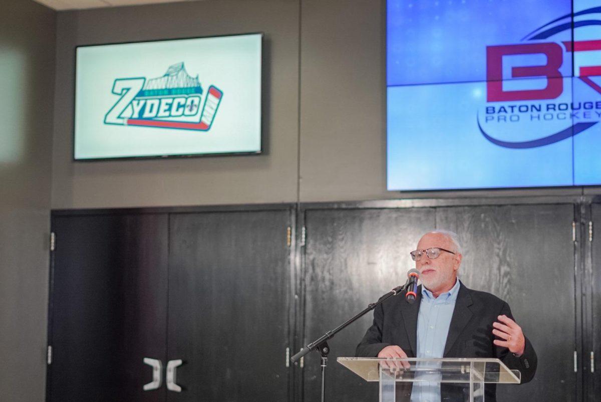 Zydeco team owner Barry Soskin speaks about the logo design on Thursday, July 13, 2023, at the Raising Cane&#8217;s River Center in Baton Rouge, La.