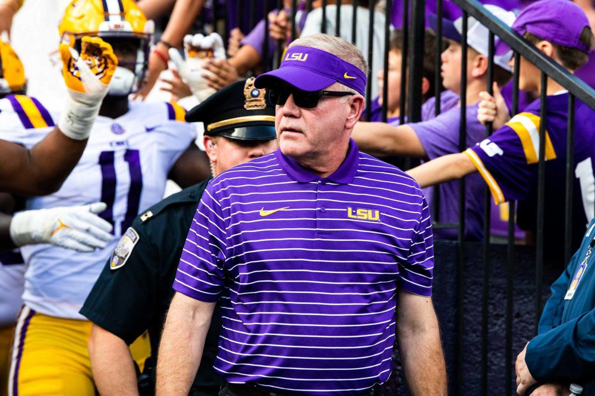 LSU football head coach Brian Kelly walks out of the football locker room tunnel Saturday, Sept. 17, 2022 before LSU&#8217;s 31-16 win against Mississippi State at Tiger Stadium in Baton Rouge, La.