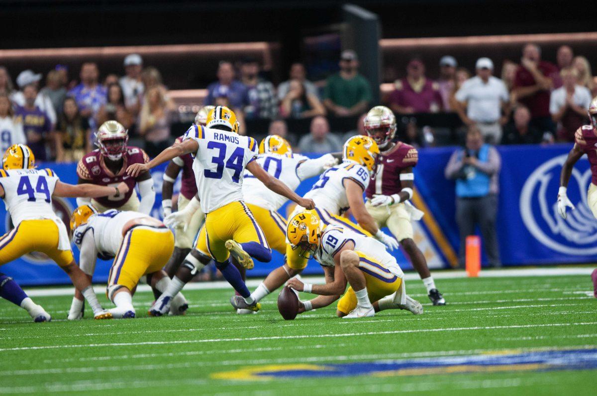 LSU football freshman punt kicker Damian Ramos (34) kicks a field goal attempt Sunday, Sept. 4, 2022, during LSU's Allstate Kickoff game defeat to Florida State 23-24 in the Caesars Superdome, New Orleans, La.