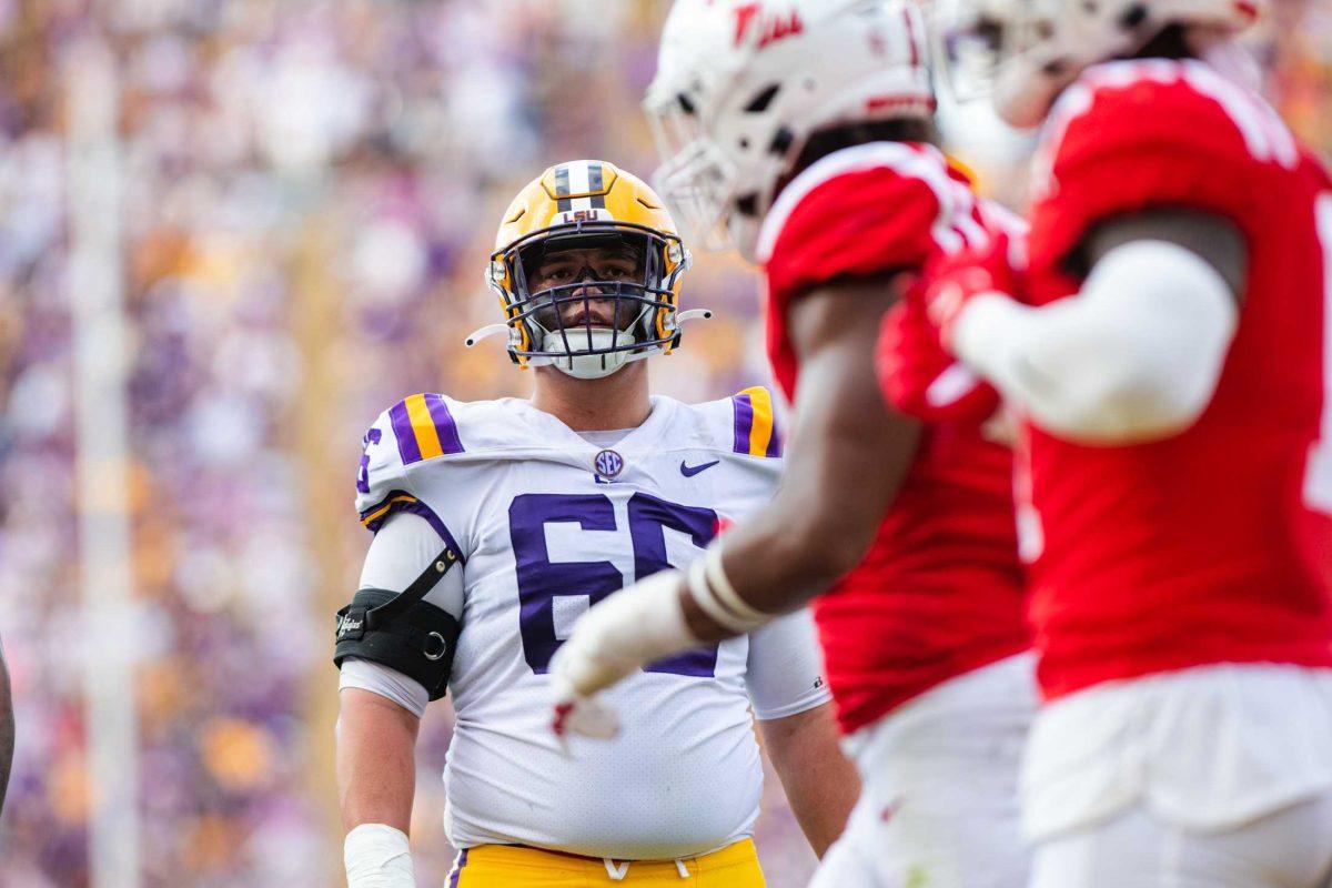 LSU football freshman offensive lineman Will Campbell (66) looks towards the Ole Miss defensive line Saturday, Oct. 22, 2022 during LSU&#8217;s 45-20 win against Ole Miss at Tiger Stadium in Baton Rouge, La.