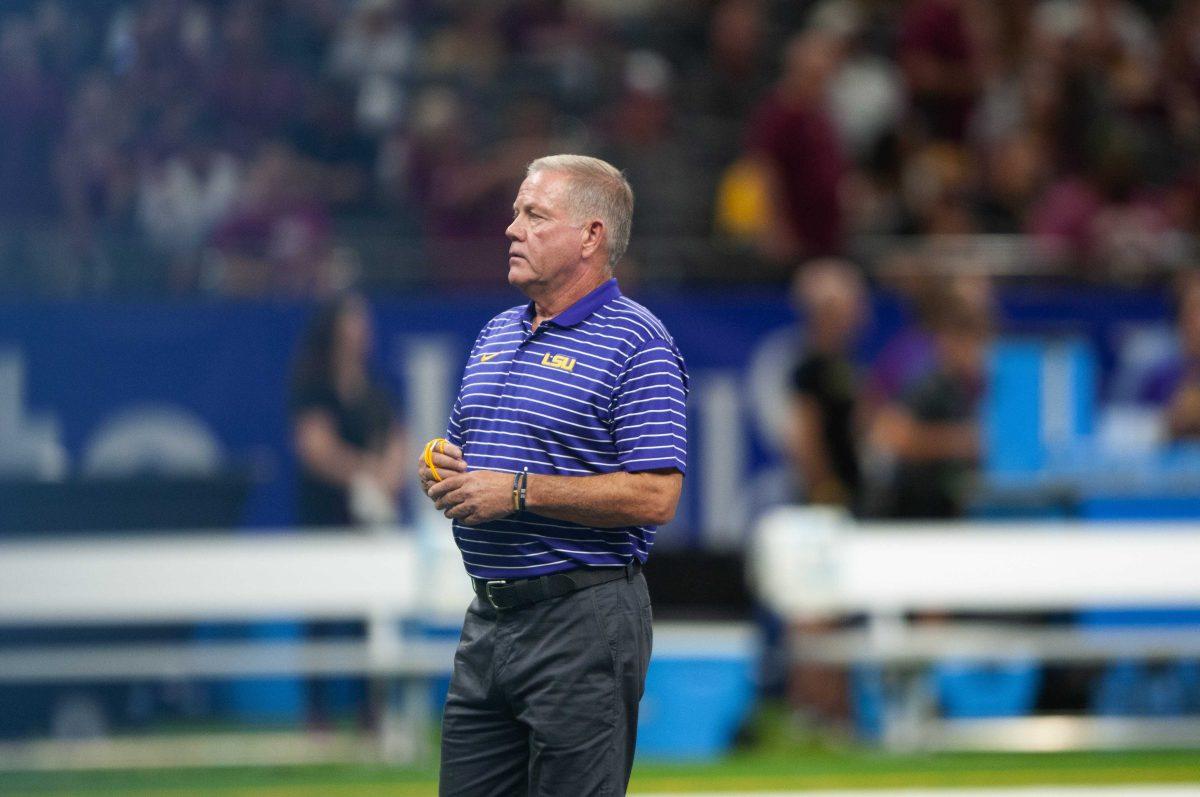 LSU football head coach Brian Kelly observes his team during warmups Sunday, Sept. 4, 2022, prior to LSU's Allstate Kickoff game defeat to Florida State 23-24 in the Caesars Superdome, New Orleans, La.