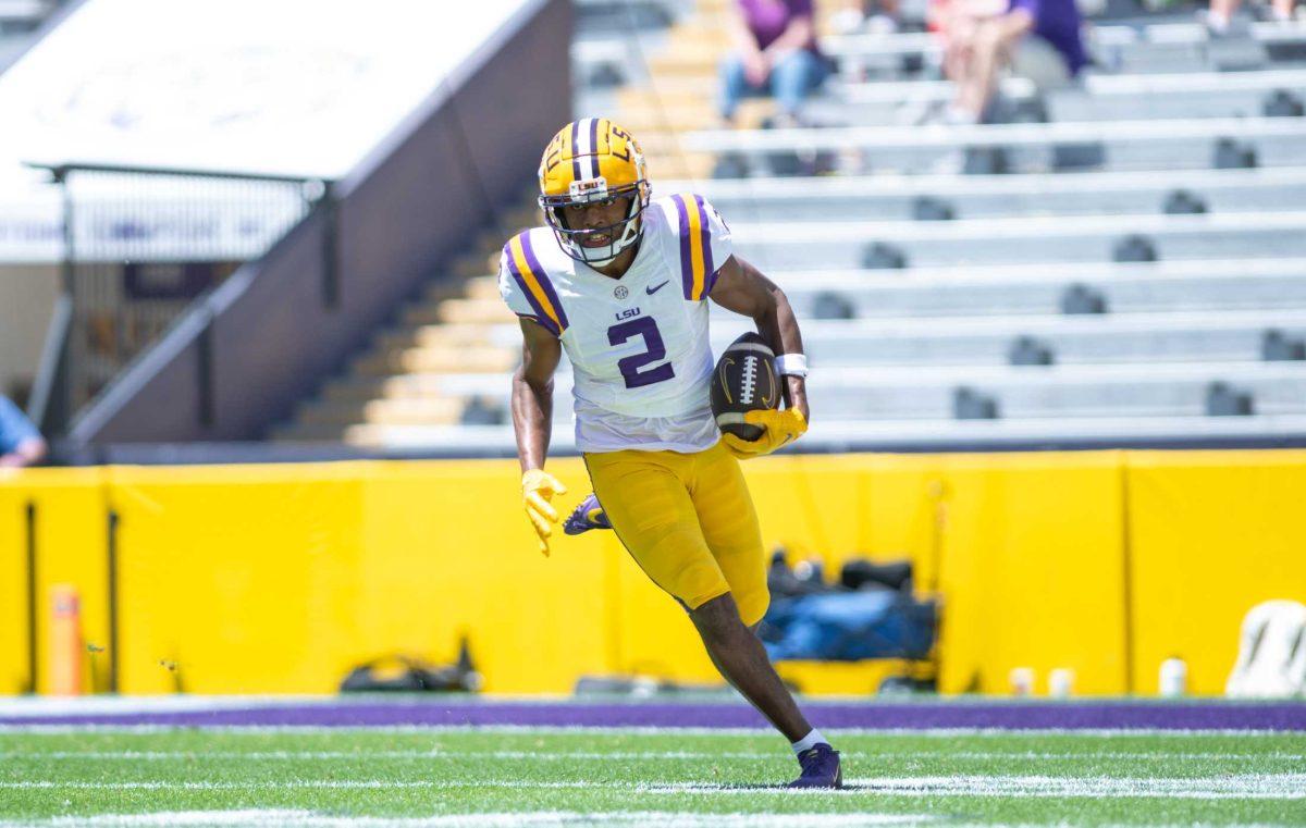 LSU football senior wide receiver Kyren Lacy (2) rushes down the field on Saturday, April 22, 2023, during LSU&#8217;s 32-32 tie during the spring game in Tiger Stadium in Baton Rouge, La.