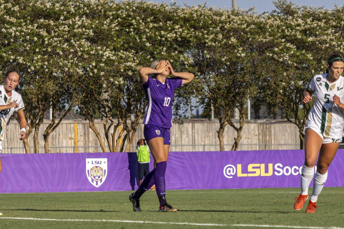 LSU sophomore midfielder Ida Hermannsdottir (10) covers her face after having a shot on target saved Thursday, Aug. 17, 2023, during LSU's 1-0 season opener defeat to Southern Florida at the LSU Soccer Stadium.