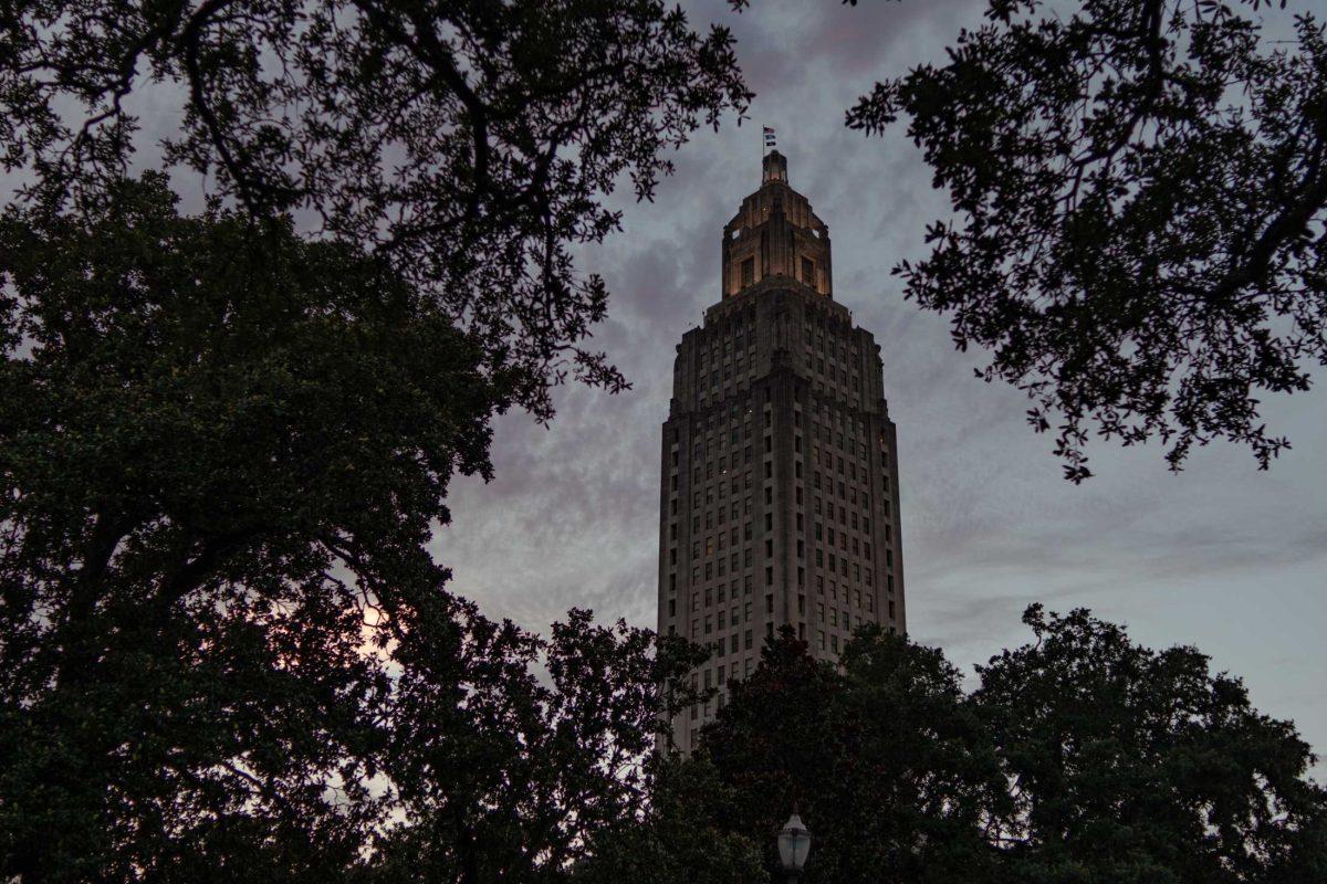 Branches frame the Louisiana State Capitol on Wednesday, July 12, 2023, in Baton Rouge, La.