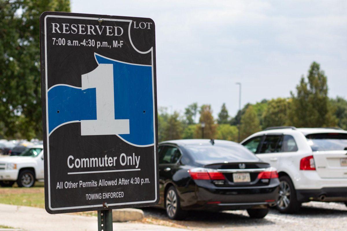 A commuter parking lot sign designates a nearby lot Monday, August 28, 2023, off of South Quad Drive on LSU's campus in Baton Rouge, La.