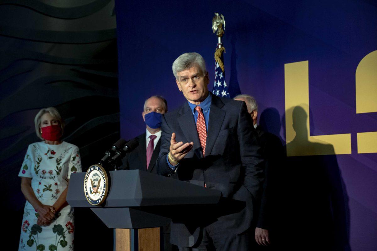 Louisiana Senator Bill Cassidy speaks about coronavirus on Tuesday, July 14, 2020 during the press conference with Vice President Mike Pence and other local officials at Tiger Stadium.