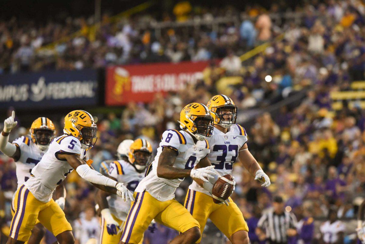 LSU football sophomore wide receiver Malik Nabers (8) carries the ball down the field on Saturday, Sept. 10, 2022, during LSU&#8217;s 65-17win over Southern at Tiger Stadium in Baton Rouge, La.