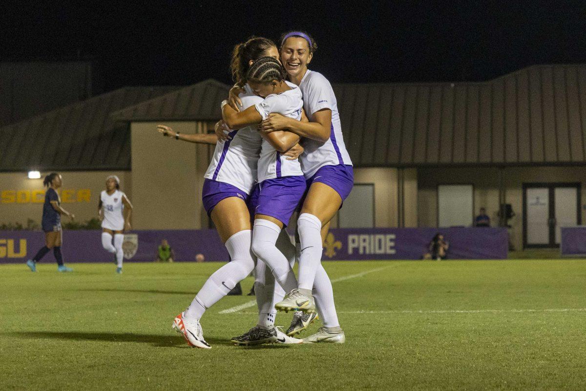 <p>LSU soccer sophomore forward Sage Glover (50) celebrates her goal with her teammates Sunday, Aug. 27, 2023, during LSU's 5-0 win over Southern University at the LSU Soccer Stadium on LSU's campus.</p>