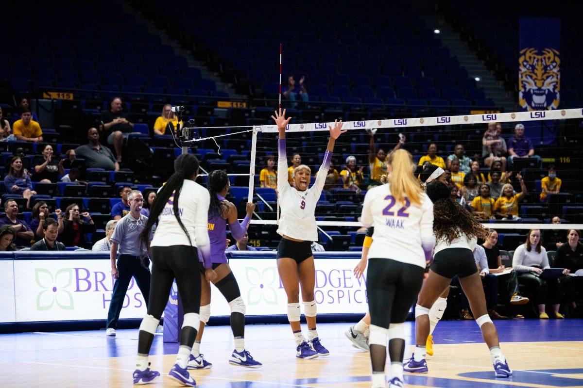 LSU volleyball graduate student outside hitter Sanaa Dotson (9) celebrates a point on Friday, Sept. 29, 2023, during LSU&#8217;s 3-1 win against Missouri in the Pete Maravich Assembly Center in Baton Rouge, La.