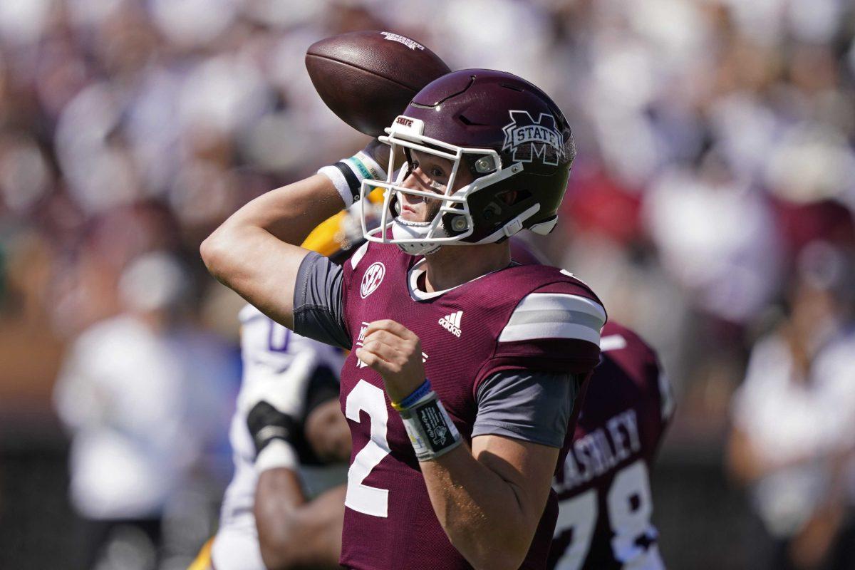 Mississippi State quarterback Will Rogers (2) passes against LSU during the first half of an NCAA college football game, Saturday, Sept. 25, 2021, in Starkville, Miss. (AP Photo/Rogelio V. Solis)