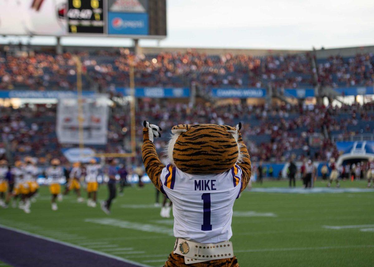 Mike the Tiger looks out onto the field on Sunday, Sept. 3, 2023, before LSU&#8217;s 45-24 loss to Florida State at Camping World Stadium in Orlando, Fl.