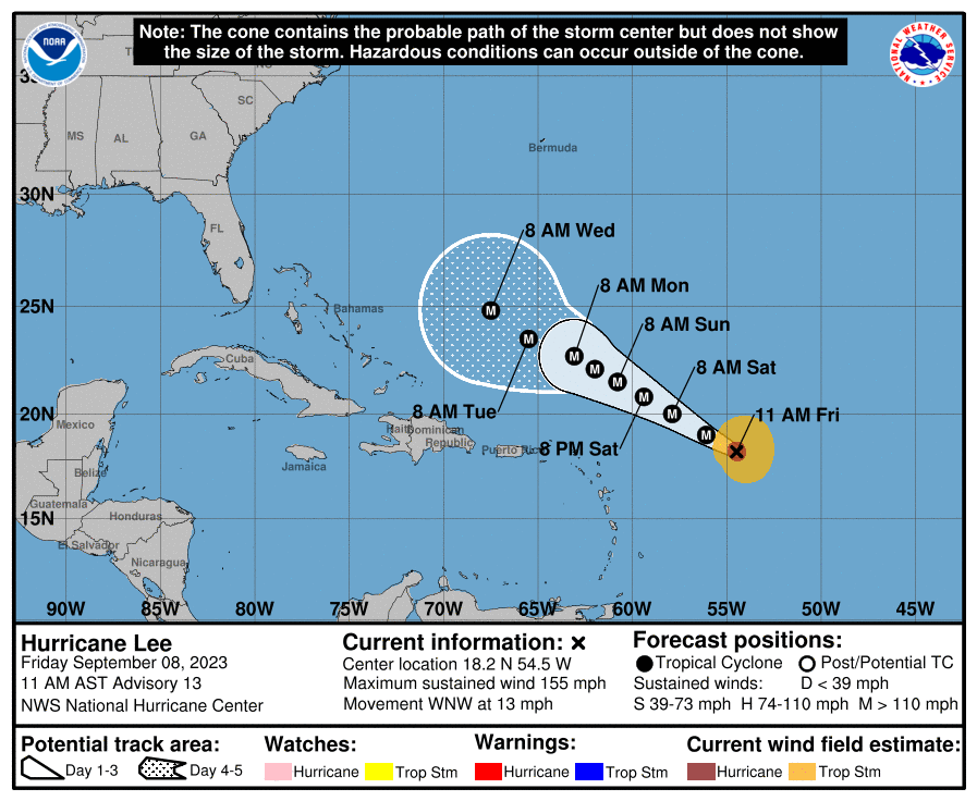 The map shows the warning cone for Hurricane Lee as of the morning of Friday, Sept. 8, 2023.