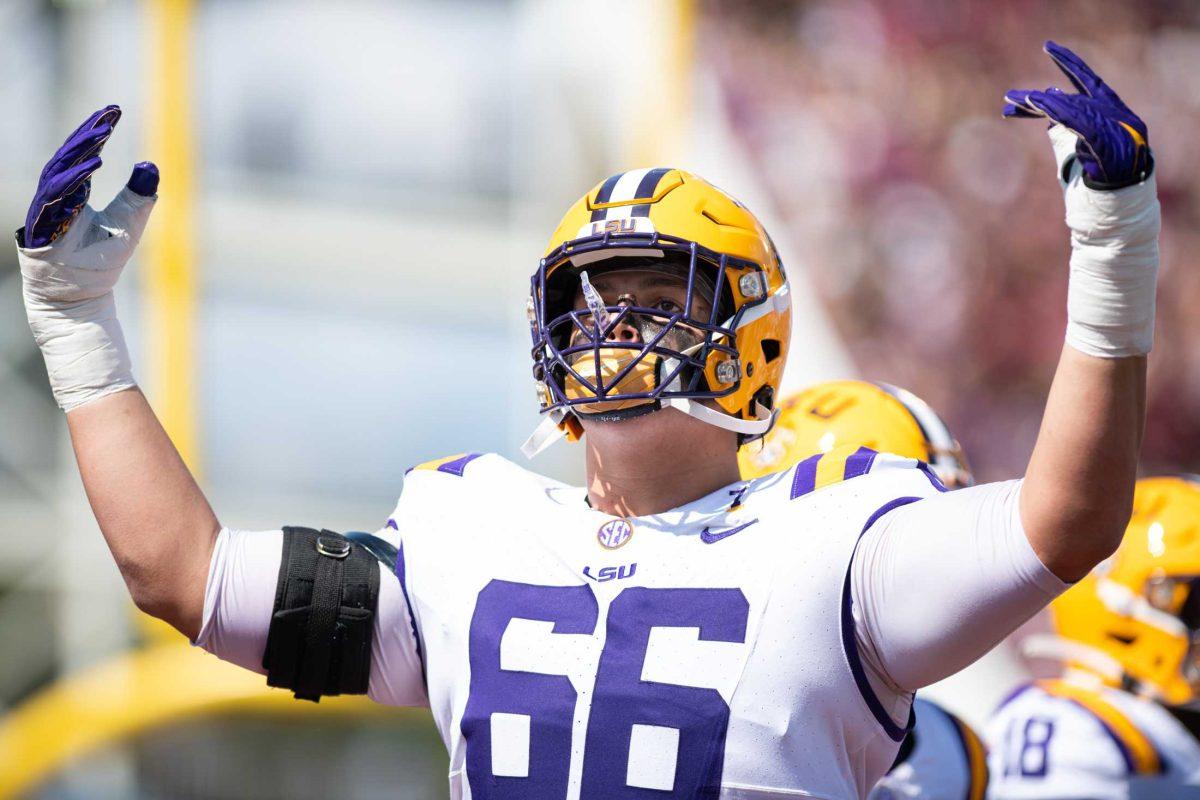 LSU football sophomore left tackle Will Campbell (66) uplifts the crowd on Saturday, Sept. 16, 2023, during LSU's 41-14 win over Mississippi State in Davis Wade Stadium in Starkville, MS.