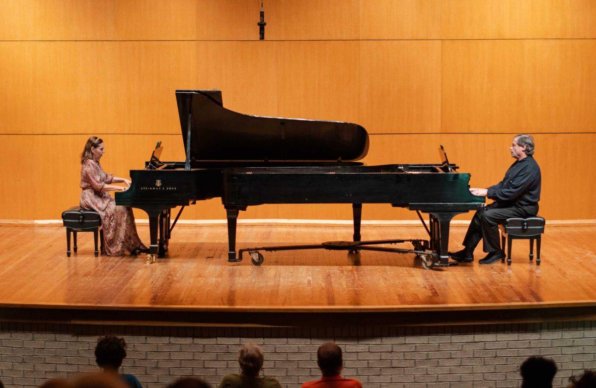 Cl&#233;lia Iruzun (left) and Michael Gurt (right) perform on Sunday, Sept. 10, 2023, during "A Two-Piano Extravaganza" at the Music Building on LSU's campus.