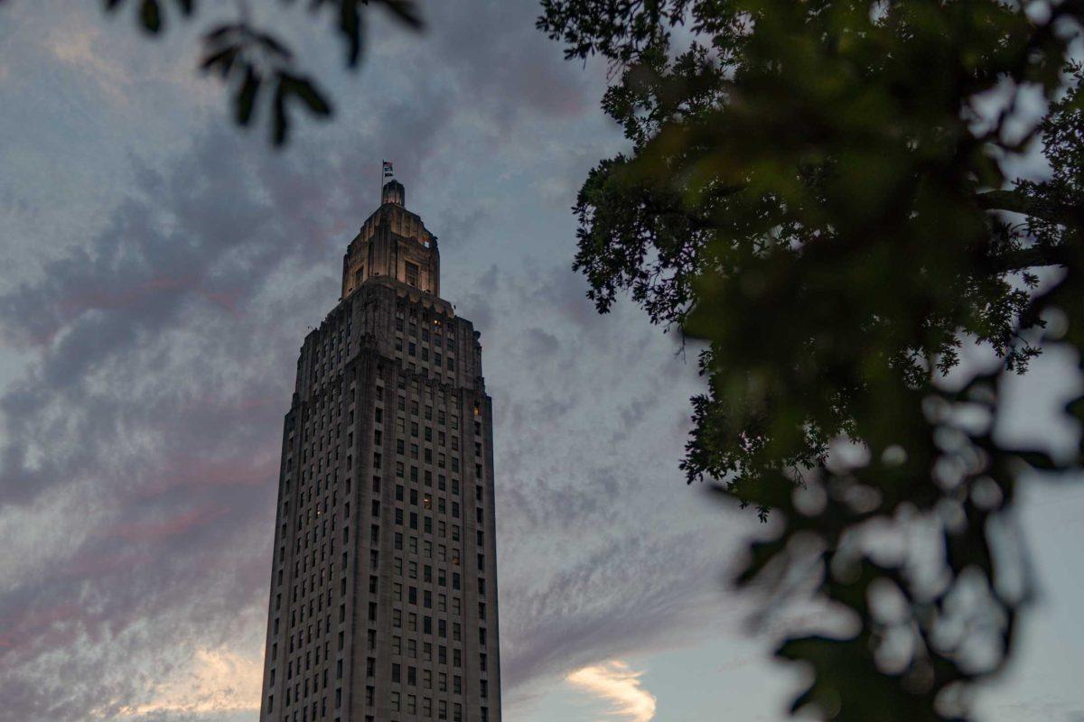 The Louisiana State Capitol climbs toward the sky on Wednesday, July 12, 2023, in Baton Rouge, La.