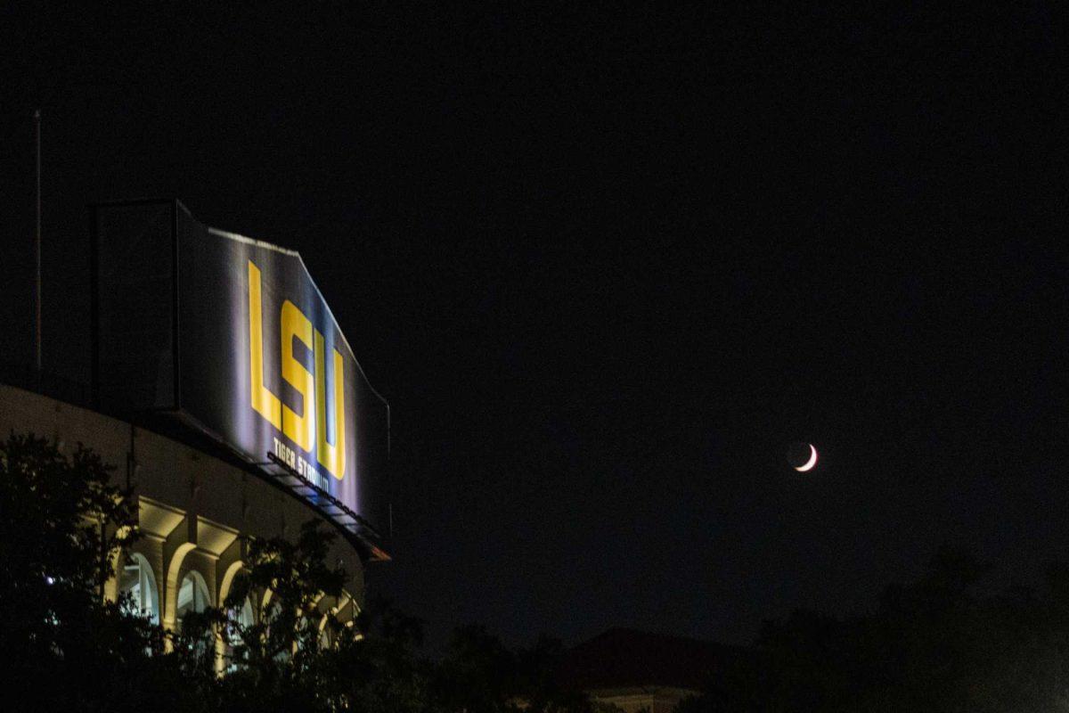 Lights illuminate the Tiger Stadium sign on Monday, Sept. 18, 2023, on LSU's campus in Baton Rouge, La.