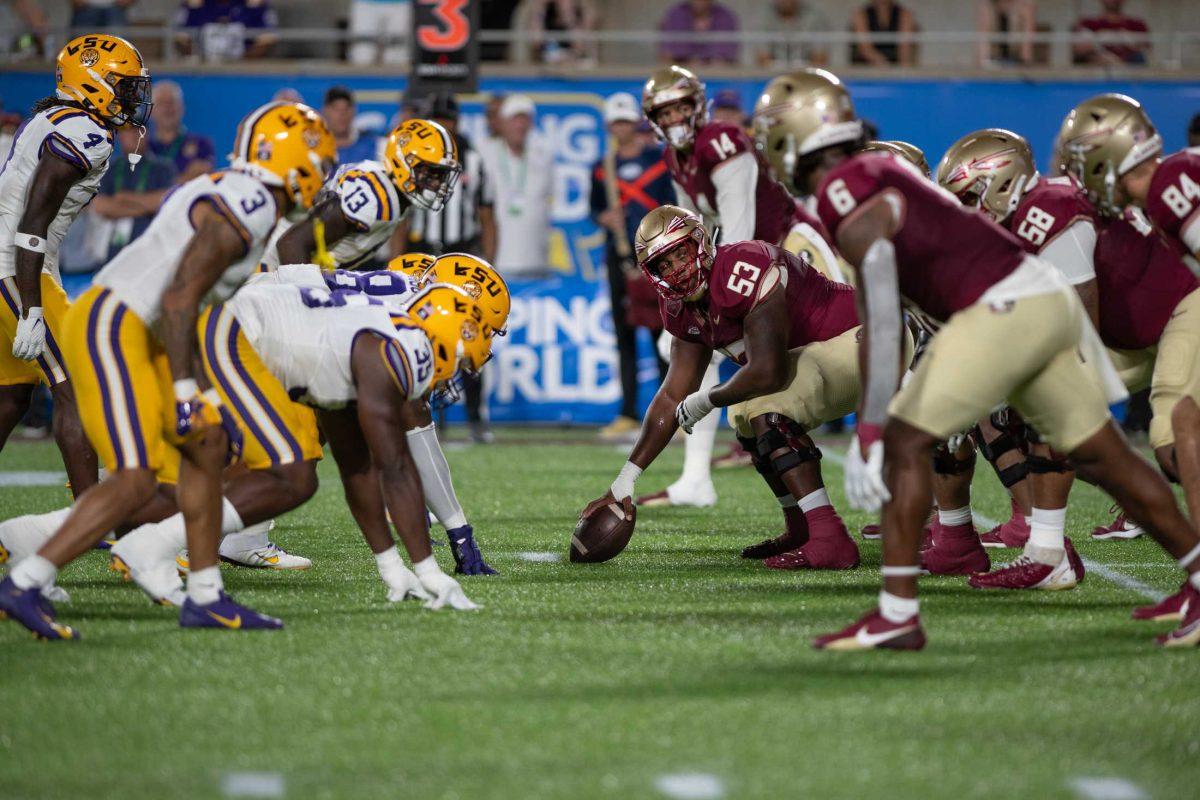 The LSU and Florida State football teams line up for a snap on Sunday, Sept. 3, 2023, during LSU&#8217;s 45-24 loss to Florida State at Camping World Stadium in Orlando, Fl.