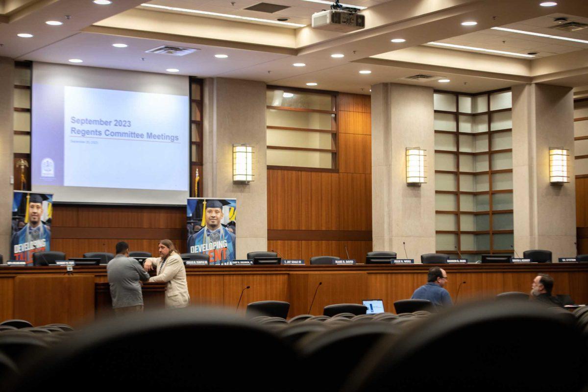 Seats await speakers on Wednesday, Sept. 20, 2023, in the Claiborne Building in Baton Rouge, La.