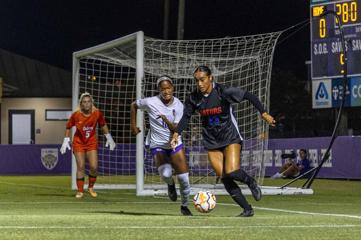 LSU soccer sophomore midfielder Kelsey Major (18) chases after the ball Friday. Sept. 29, 2023, during LSU's 4-0 loss to Florida State at the LSU Soccer Stadium.