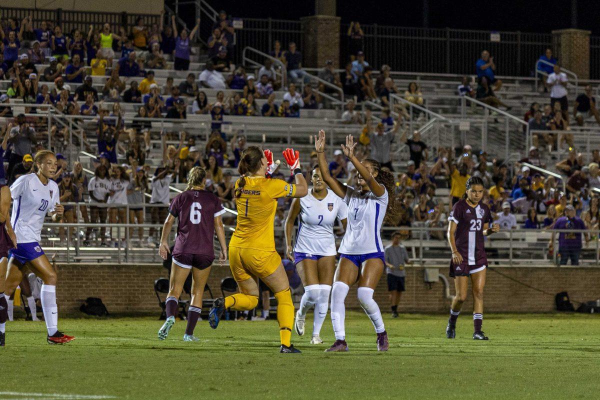 LSU soccer graduate student goalkeeper Mollee Swift (1) celebrates a goal with her teammates Sunday, Sept. 24, 2023, during LSU's 2-1 victory over Mississippi State at the LSU Soccer Stadium.