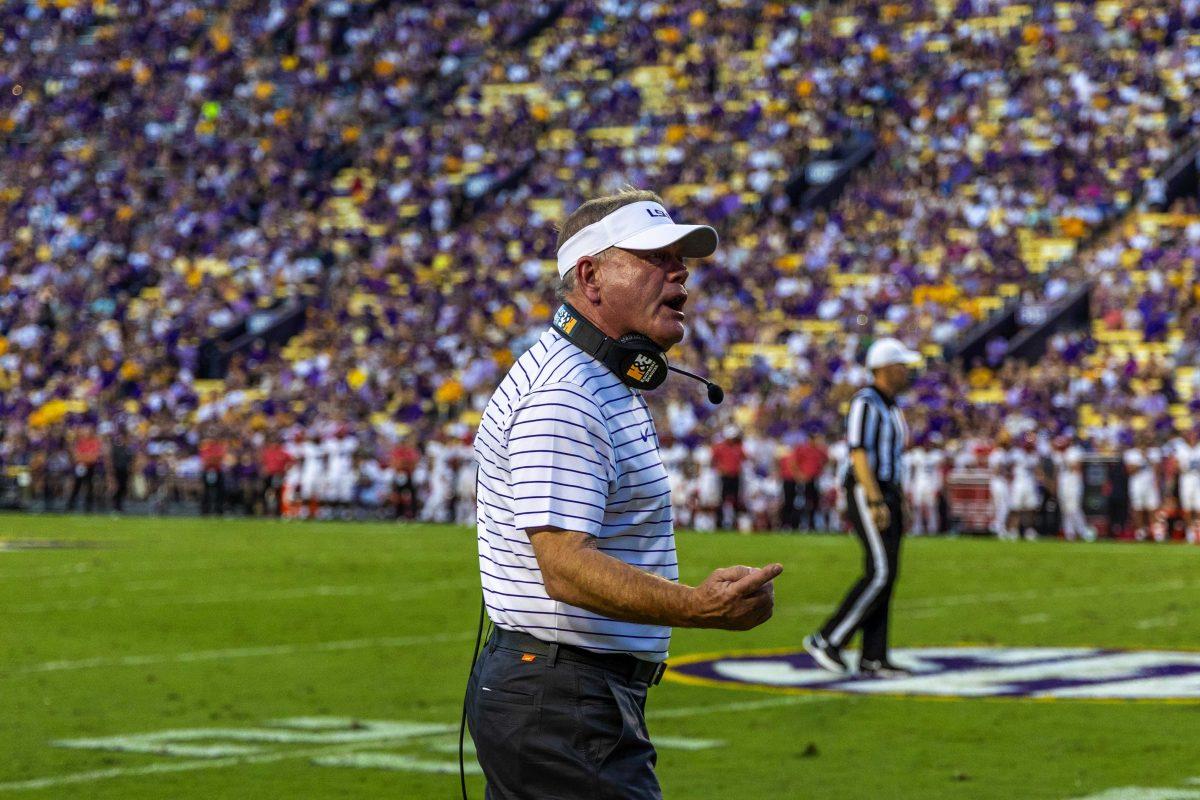 LSU football head coach Brian Kelly demands more from his players Saturday, Sept. 24, 2022, during LSU's 38-0 victory over New Mexico in Tiger Stadium.