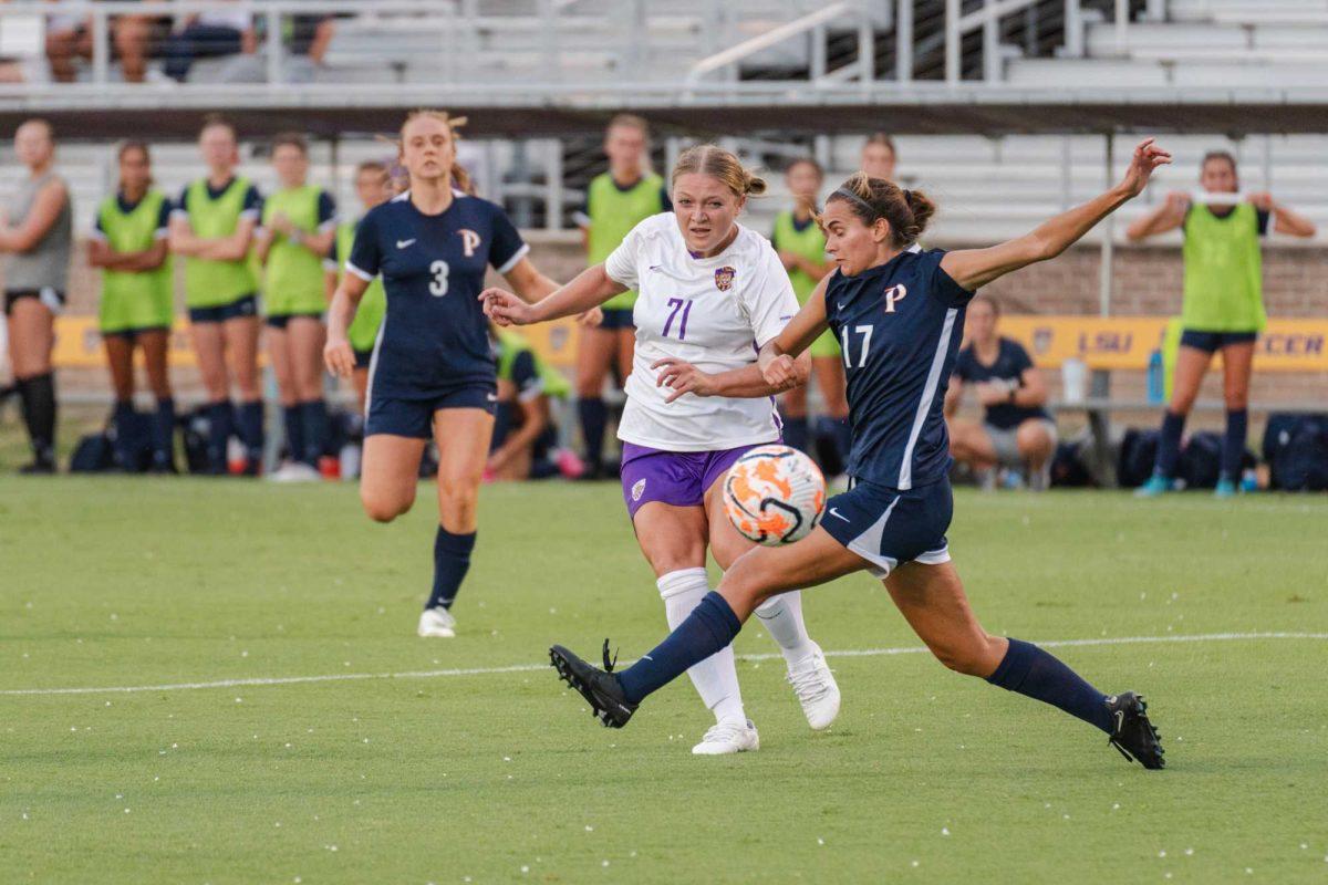 <p>LSU soccer senior forward Mollie Baker (71) kicks the ball past a defender on Thursday, Sept. 7, 2023, during LSU’s 2-2 draw against Pepperdine at the LSU Soccer Stadium in Baton Rouge, La.</p>