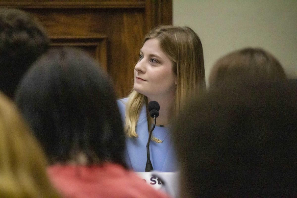 LSU Student Government Innovate presidential candidate Anna Cate Strong awaits her question Monday, March 27, 2023, in the Holiday Forum during the SG debate in the Journalism Building on LSU&#8217;s campus in Baton Rouge, La.