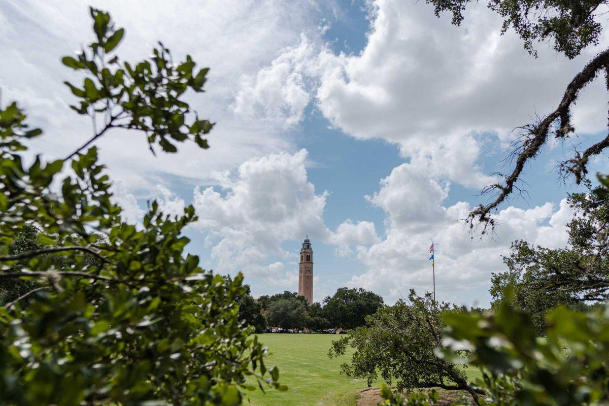 Memorial Tower rises in the distance on Friday, July 7, 2023, on Tower Drive in Baton Rouge, La.