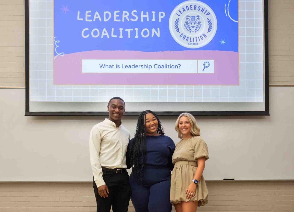 The founders of the Leadership Coalition&#8212;from left to right, Byron Hansely, Amber Salone and Macye Brown&#8212;pose for a photo at their first meeting on Sept. 11 in Coates Hall.