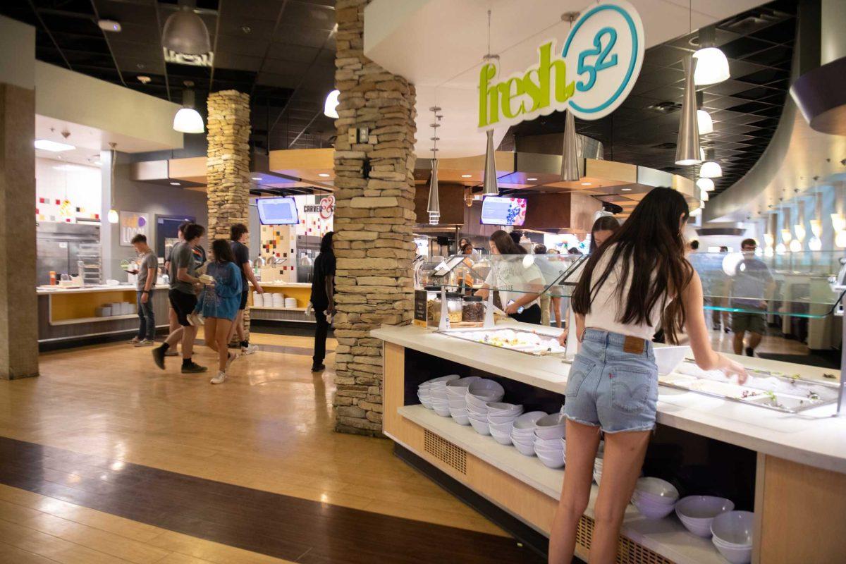 Students choose from the salad bar on Thursday, Sept. 21, 2023, in the 459 Dining Hall in Baton Rouge, La.