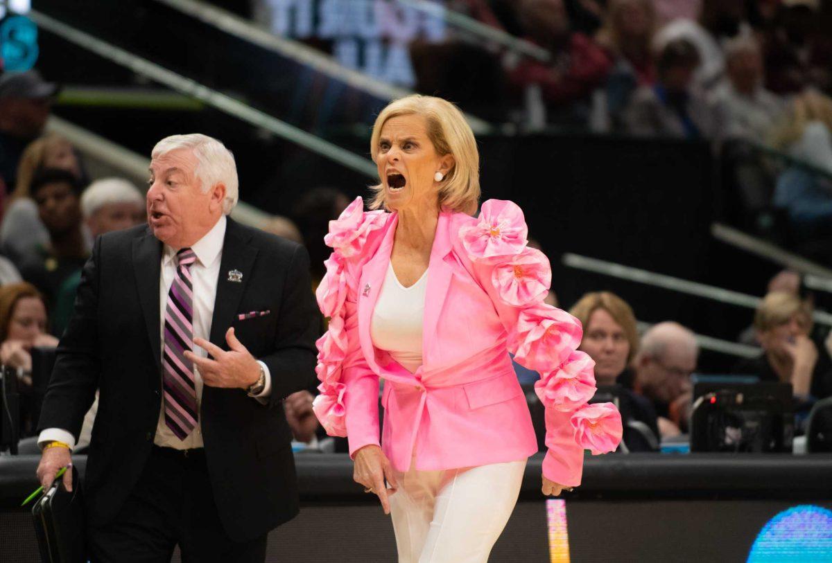 LSU women&#8217;s basketball head coach Kim Mulkey shouts on Friday, March 31, 2023, during LSU&#8217;s 79-72 victory over Virginia Tech in the NCAA Final Four in the American Airlines Center in Dallas, Texas.