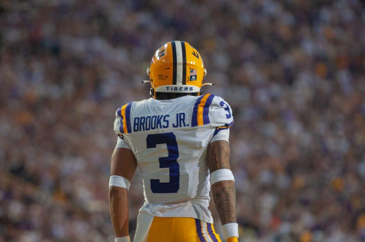 LSU football senior safety Greg Brooks Jr. (3) looks out into the crowd on Saturday, Nov. 5, 2022, during LSU&#8217;s 32-31 victory over Alabama in Tiger Stadium in Baton Rouge, La.