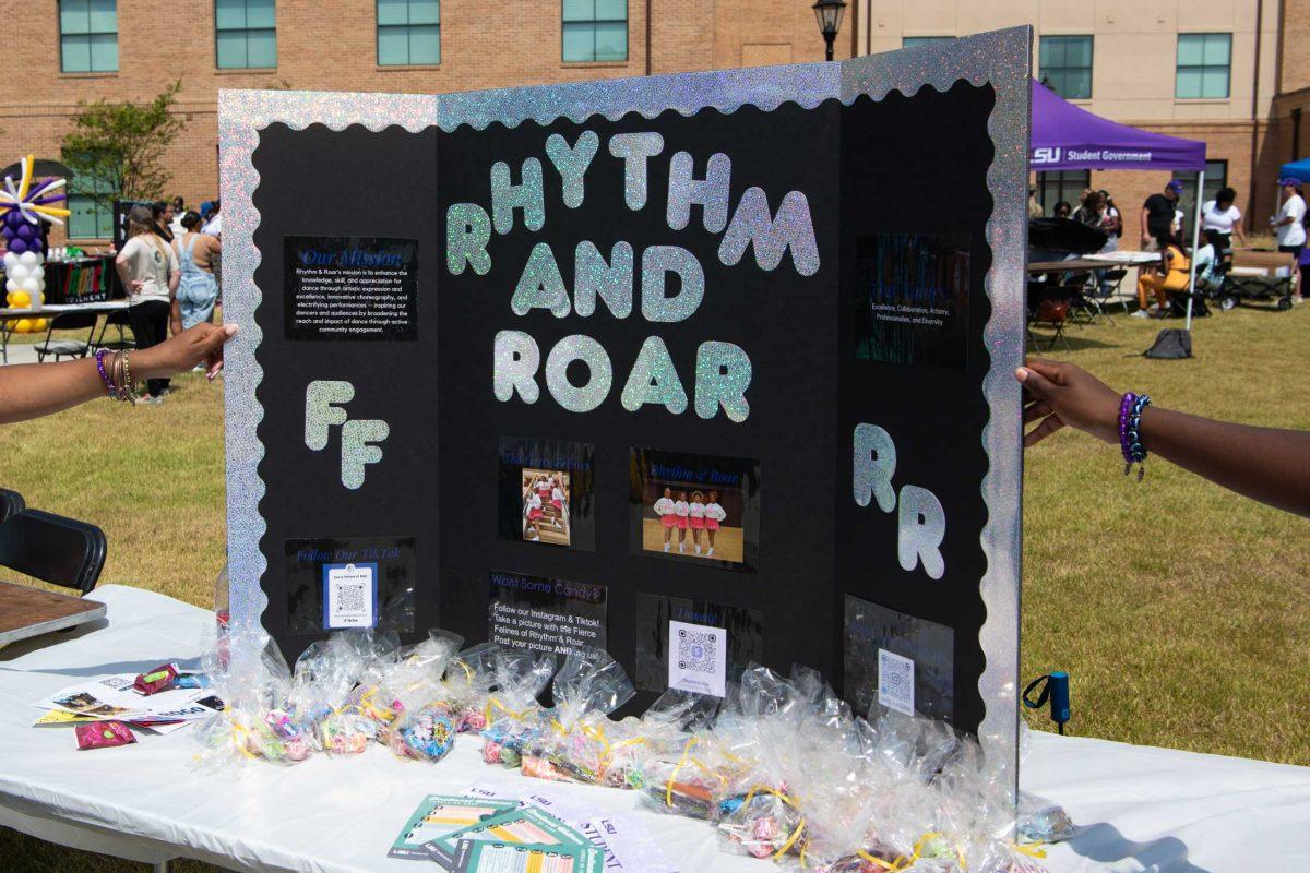 The poster for the Fierce Felines of Rhythm and Roar dance group is displayed at the Involvement Fest hosted by Campus Life on Friday, Sept. 15, 2023, on Azalea Hall Lawn on LSU campus in Baton Rouge, La.