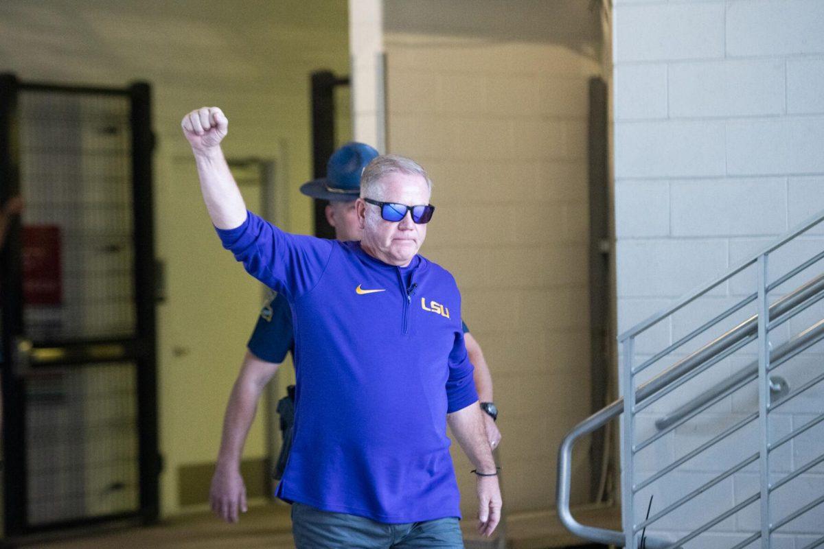 LSU football head coach Brian Kelly walks onto the field on Sunday, Sept. 3, 2023, before LSU&#8217;s 45-24 loss to Florida State at Camping World Stadium in Orlando, Fl.